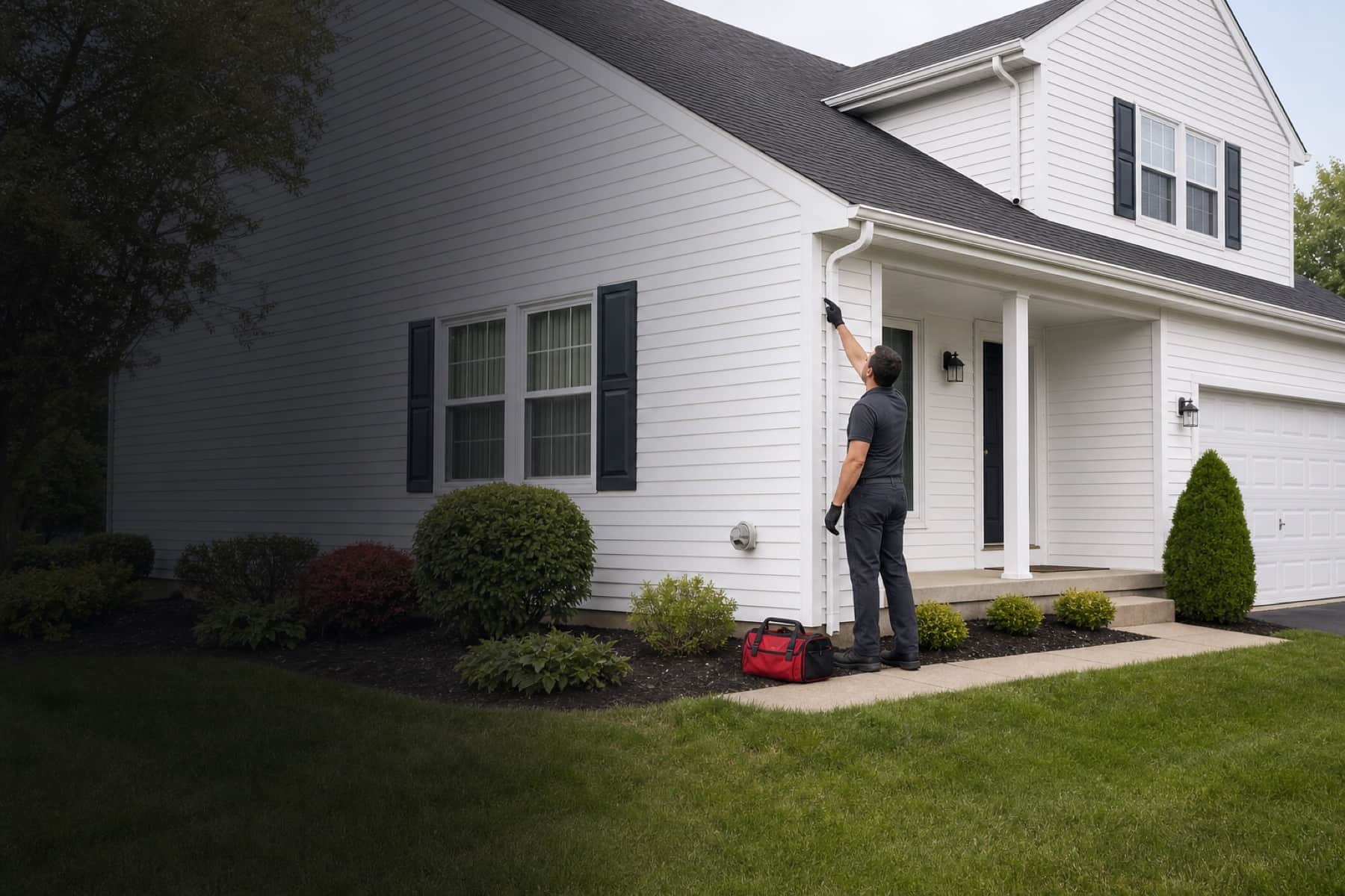 Photo-style illustration of a maintenance technician checking an exterior dryer vent at a suburban home.