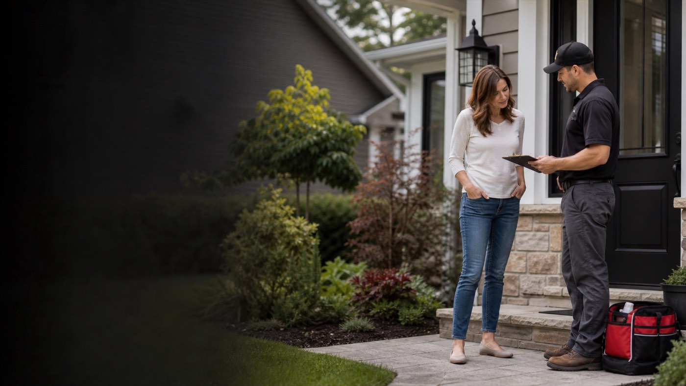 Photo-style illustration of a homeowner reviewing service details with a maintenance technician at the front entry.