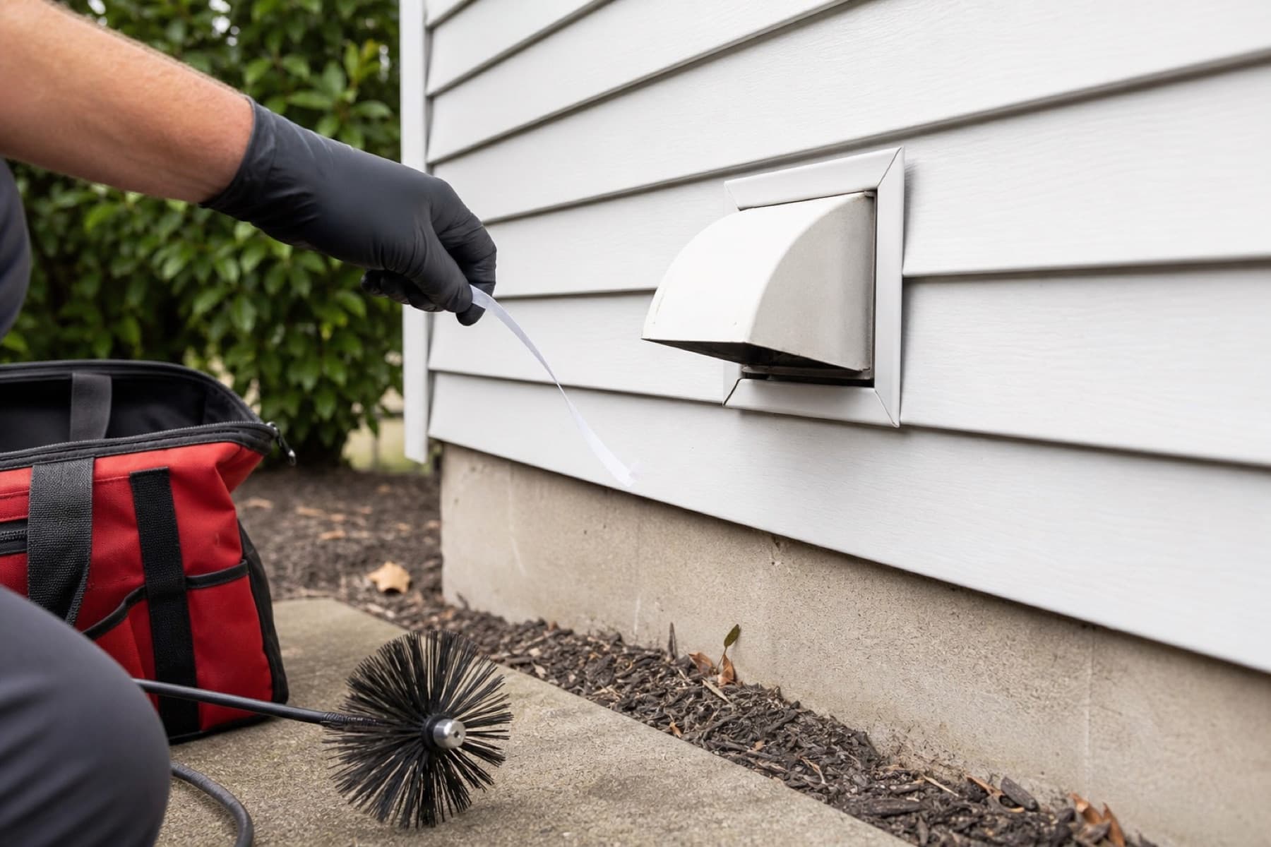 Photo-style illustration of a simple airflow check near a dryer vent opening.