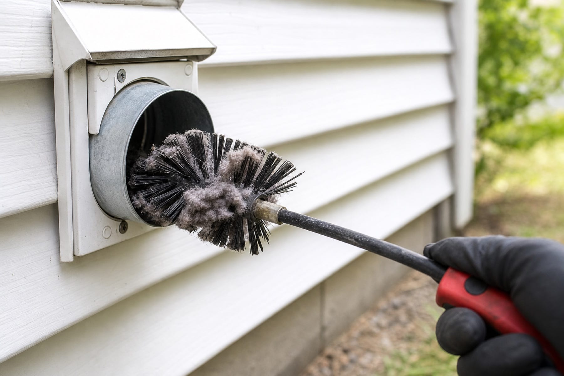 Photo-style illustration of a dryer vent brush with controlled lint detail near a clean vent opening.