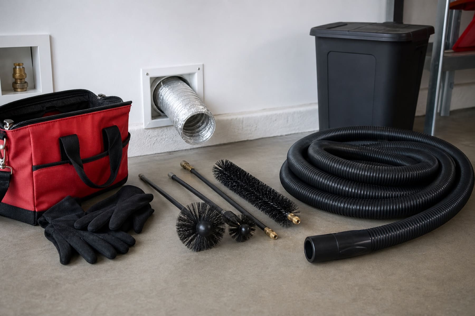 Photo-style illustration of a dryer vent vacuum hose and brush setup before cleaning.