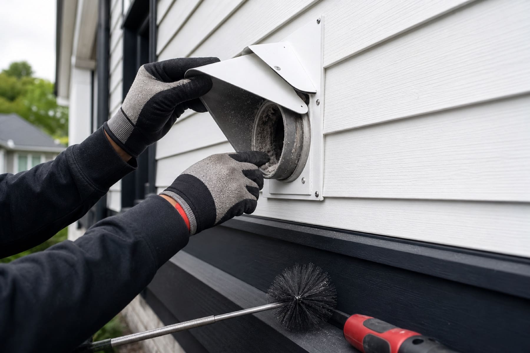 Photo-style illustration of a clean exterior dryer vent wall cap being checked at a suburban home.