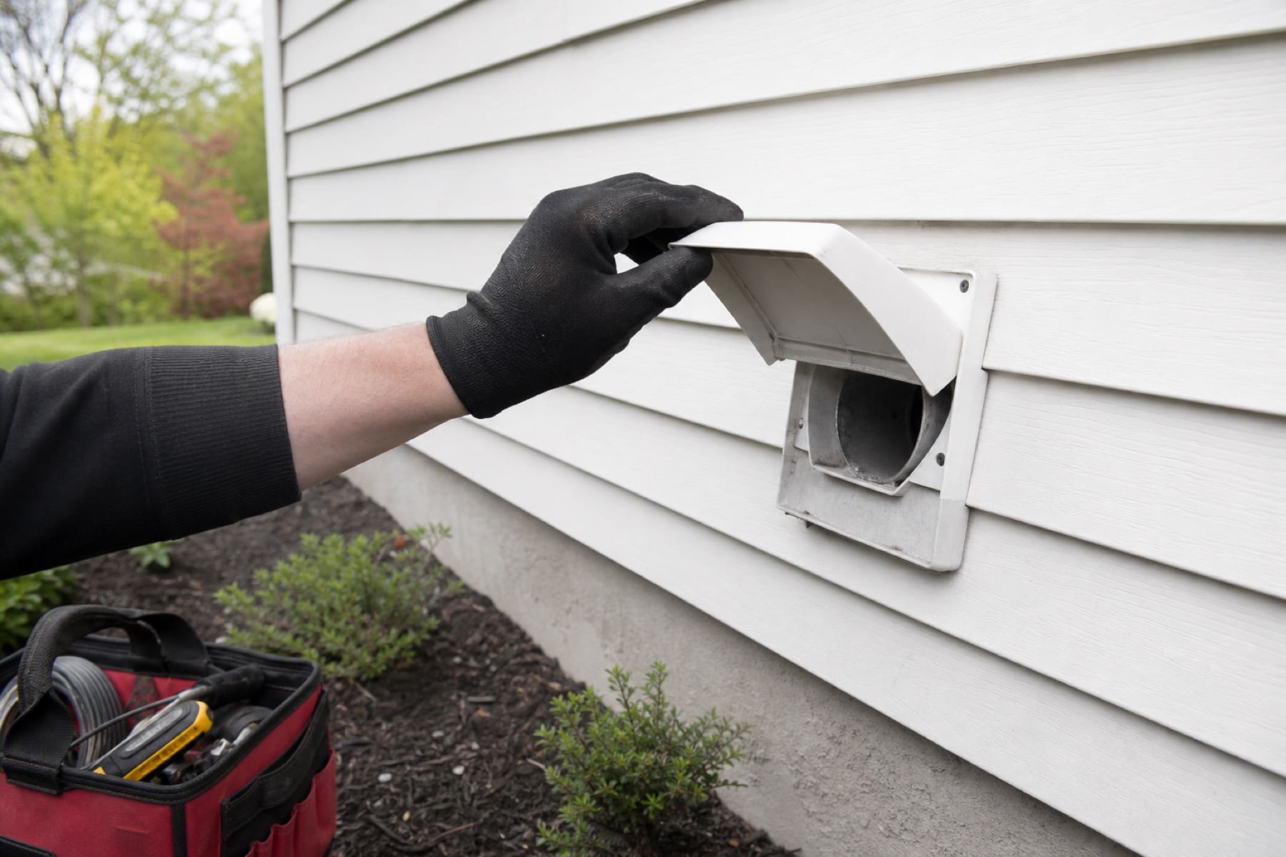 Photo-style illustration of an exterior dryer vent cap on a suburban side yard wall.