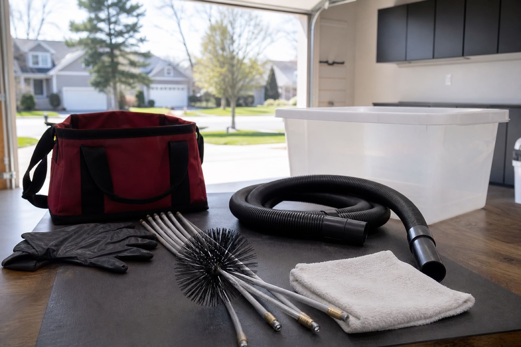 Photo-style illustration of dryer vent cleaning tools prepared in a clean suburban garage.