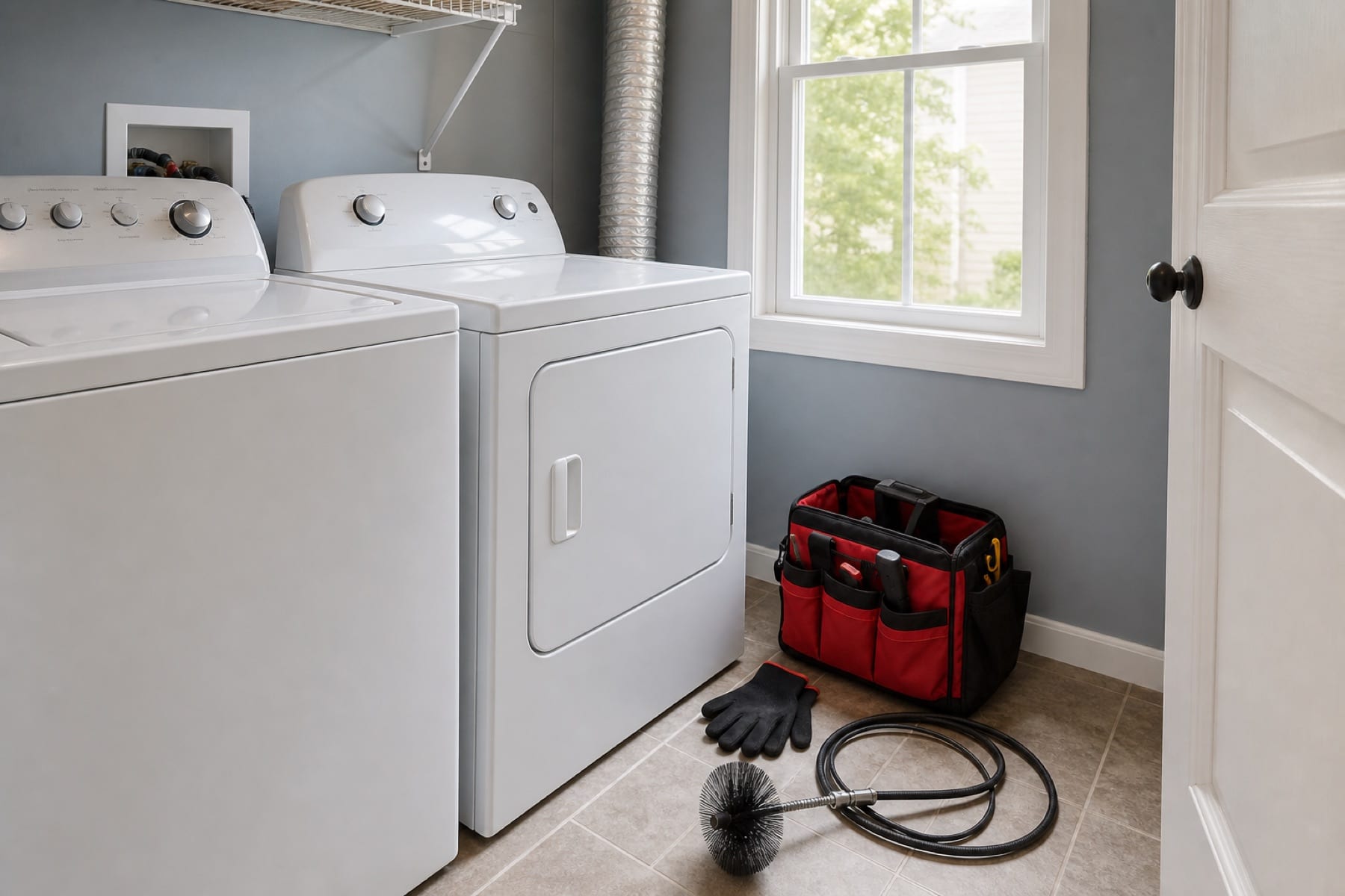 Photo-style illustration of a clean laundry room prepared for a dryer vent safety check.