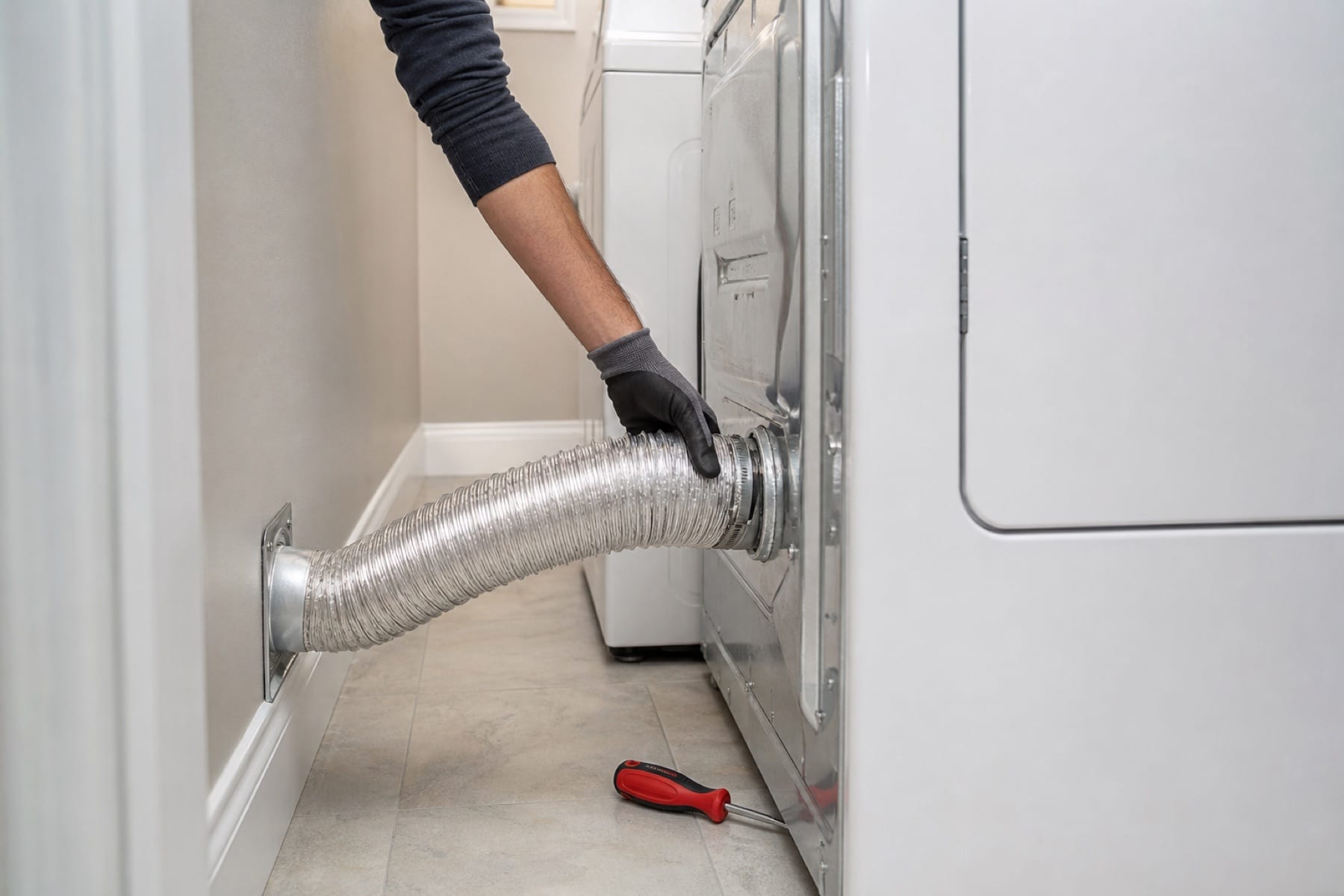 Photo-style illustration of a clean laundry room dryer vent path behind a dryer.