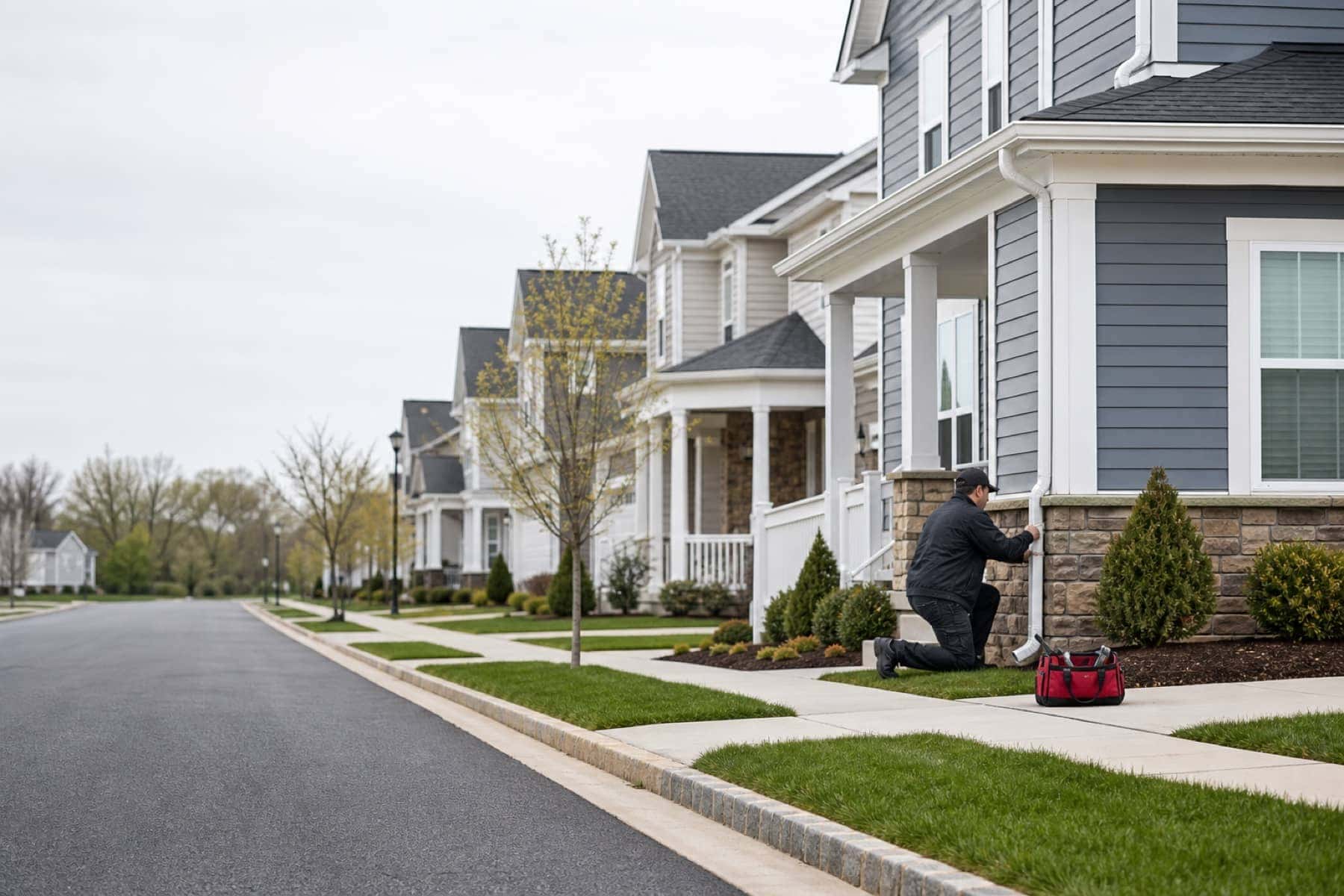 Photo-style illustration of a quiet Central New Jersey neighborhood during a dryer vent safety visit.