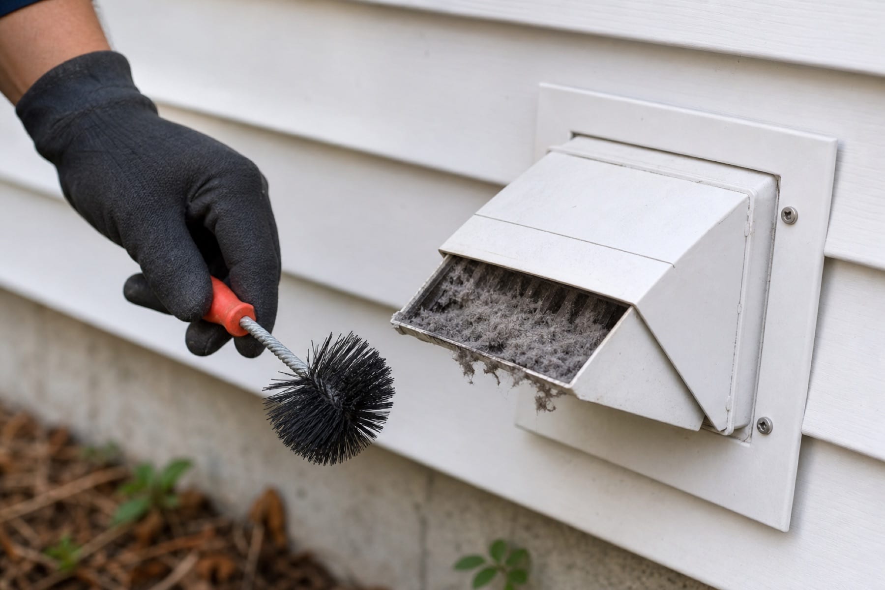 Photo-style illustration of light lint buildup at an outside dryer vent cap.